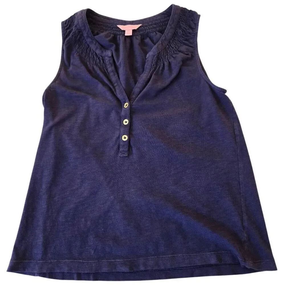 Lilly Pulitzer Womens Cotton Sleeveless Smocked Henley Essie Top Navy Blue Small